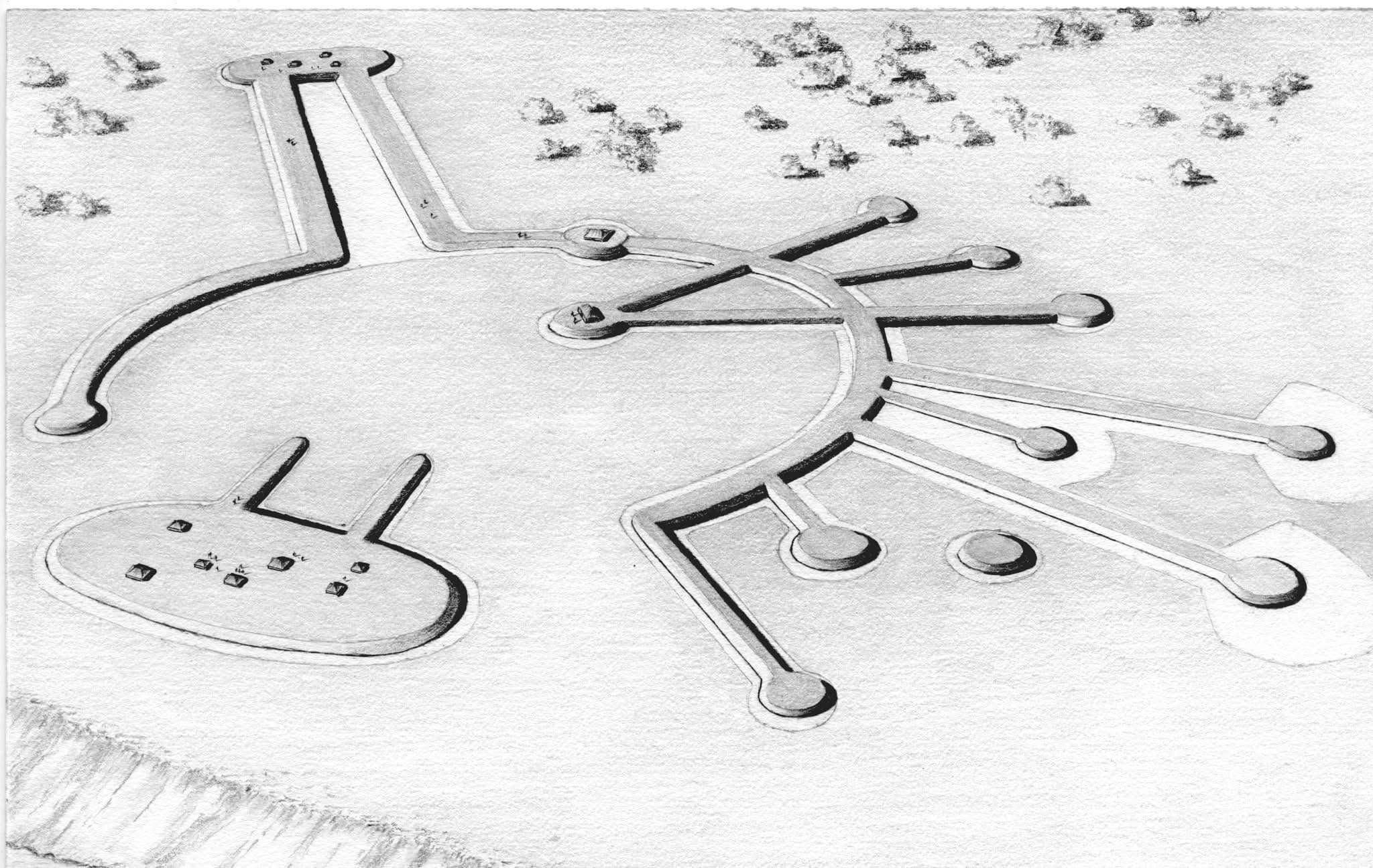 Archaeological earthwork landscape near Lake Okeechobee showing large mounds and raised features