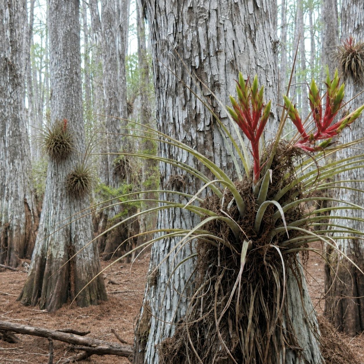 Florida cardinal bromeliad growing naturally on a tree