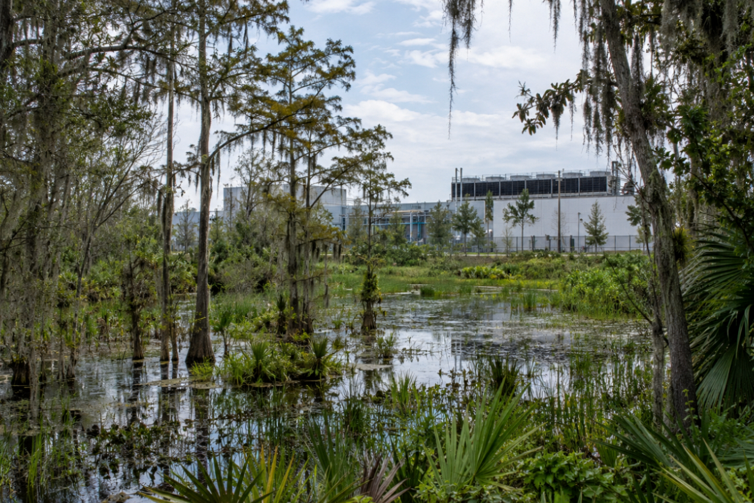Illustrative Florida swamp beside a data-center facility