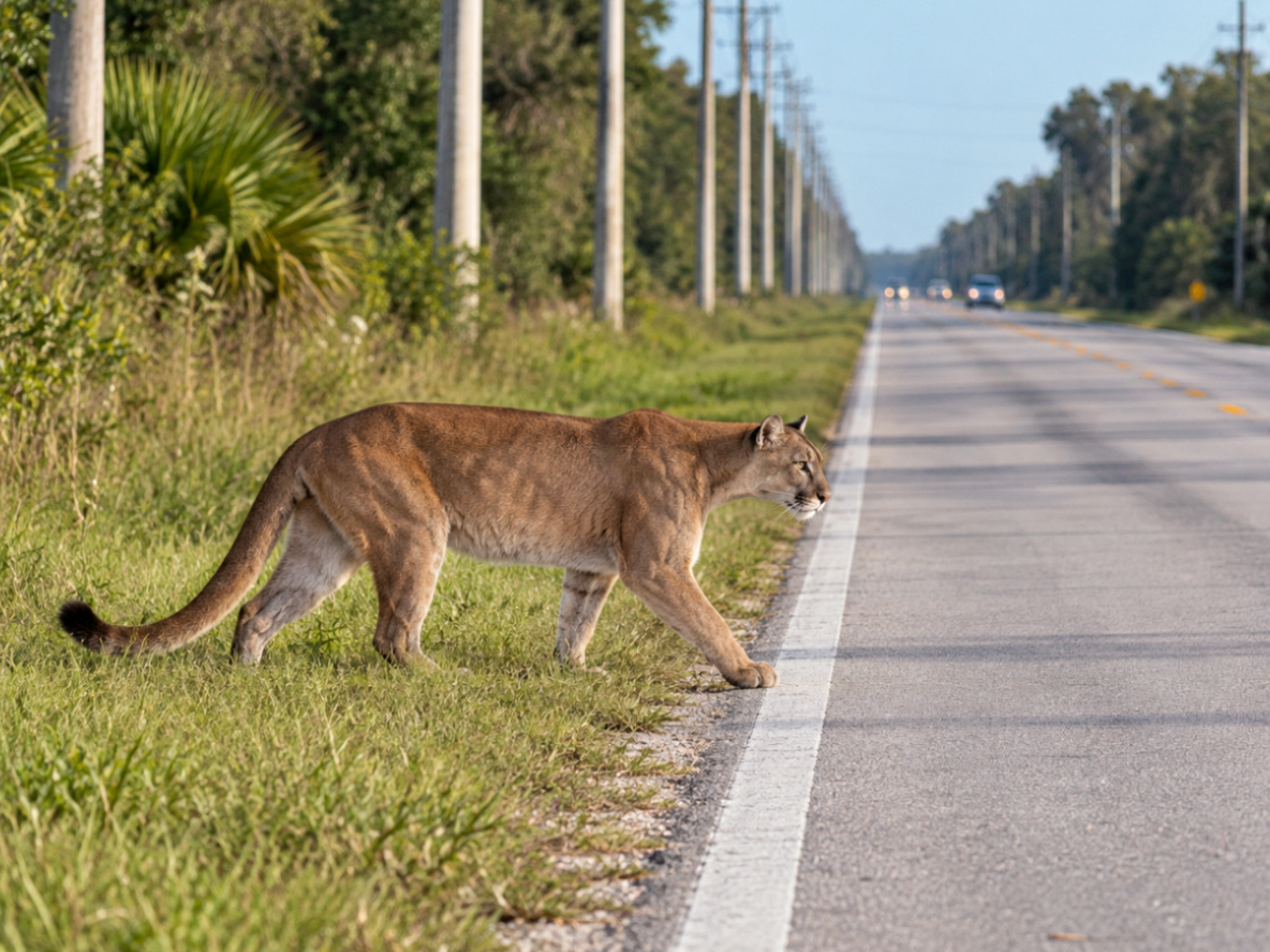 A Florida panther crossing a road