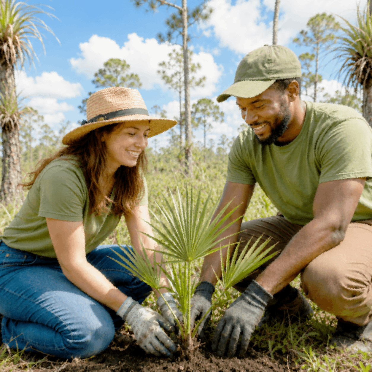 Volunteers planting a native Florida seedling