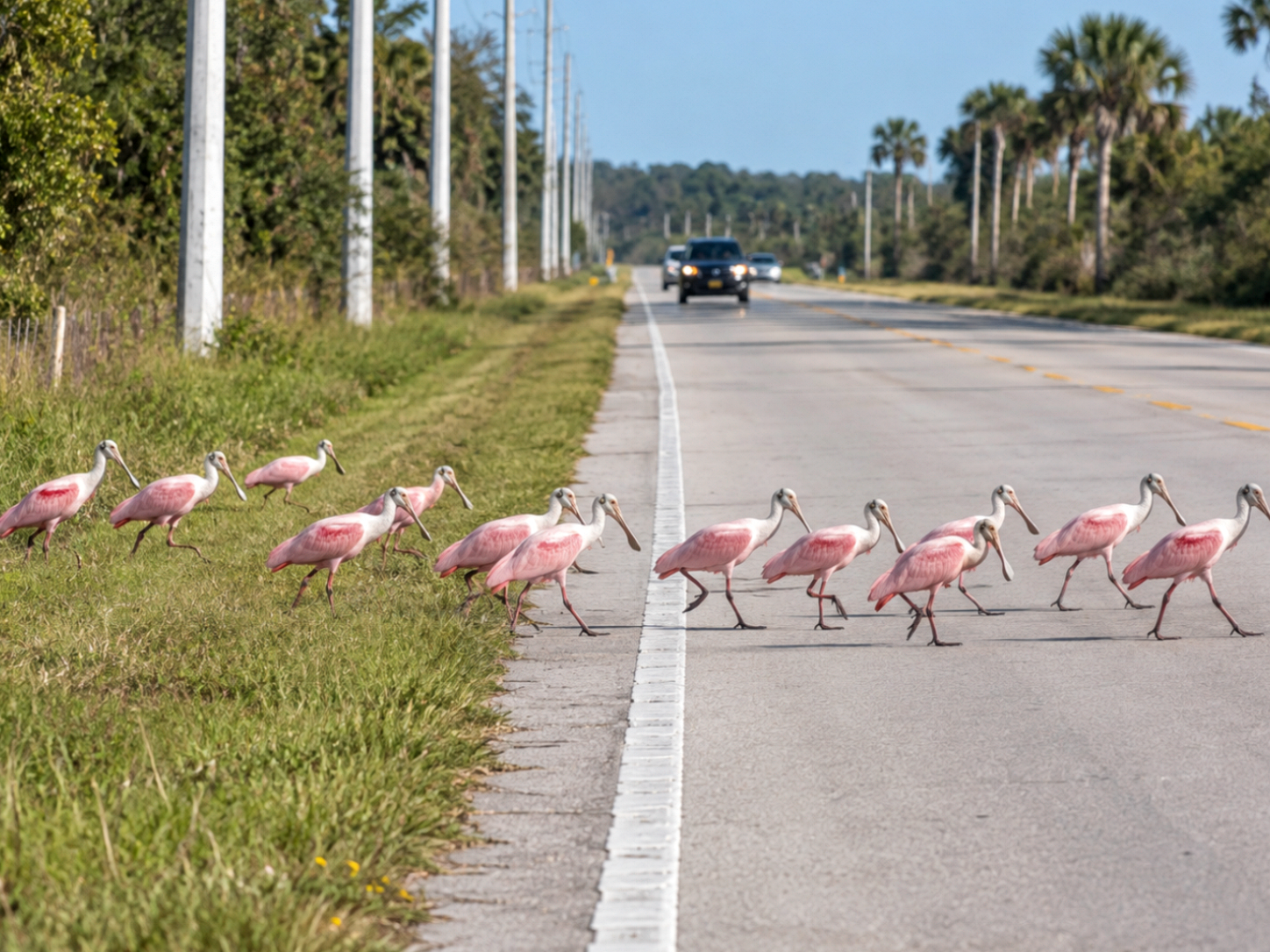 Roseate spoonbills at a Florida wildlife corridor crossing